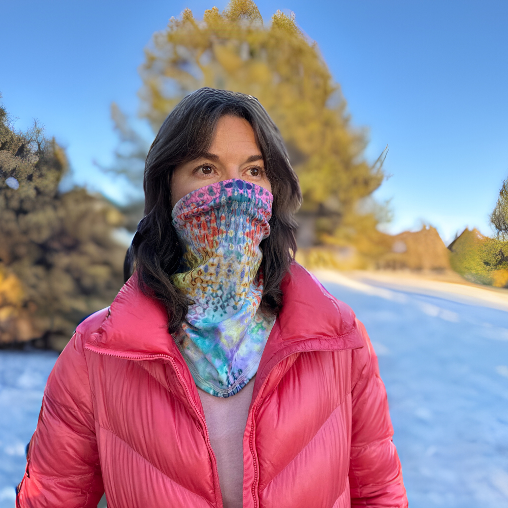 Woman wearing BANDI Cozy Wrap in Halo print pulled up over nose and mouth