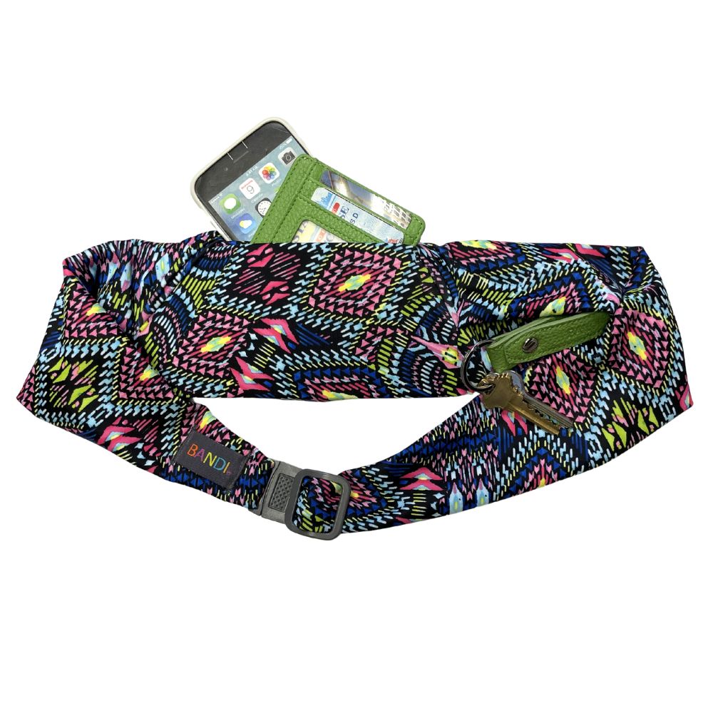 pocketed belt showing items in pocket, jewel tones geometric pattern