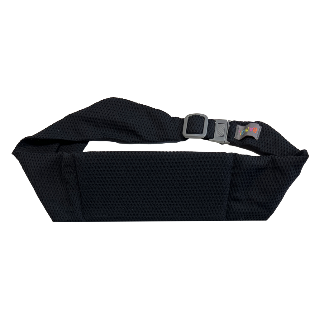 BANDI black pocketed belt. Product image on white showing front view of belt