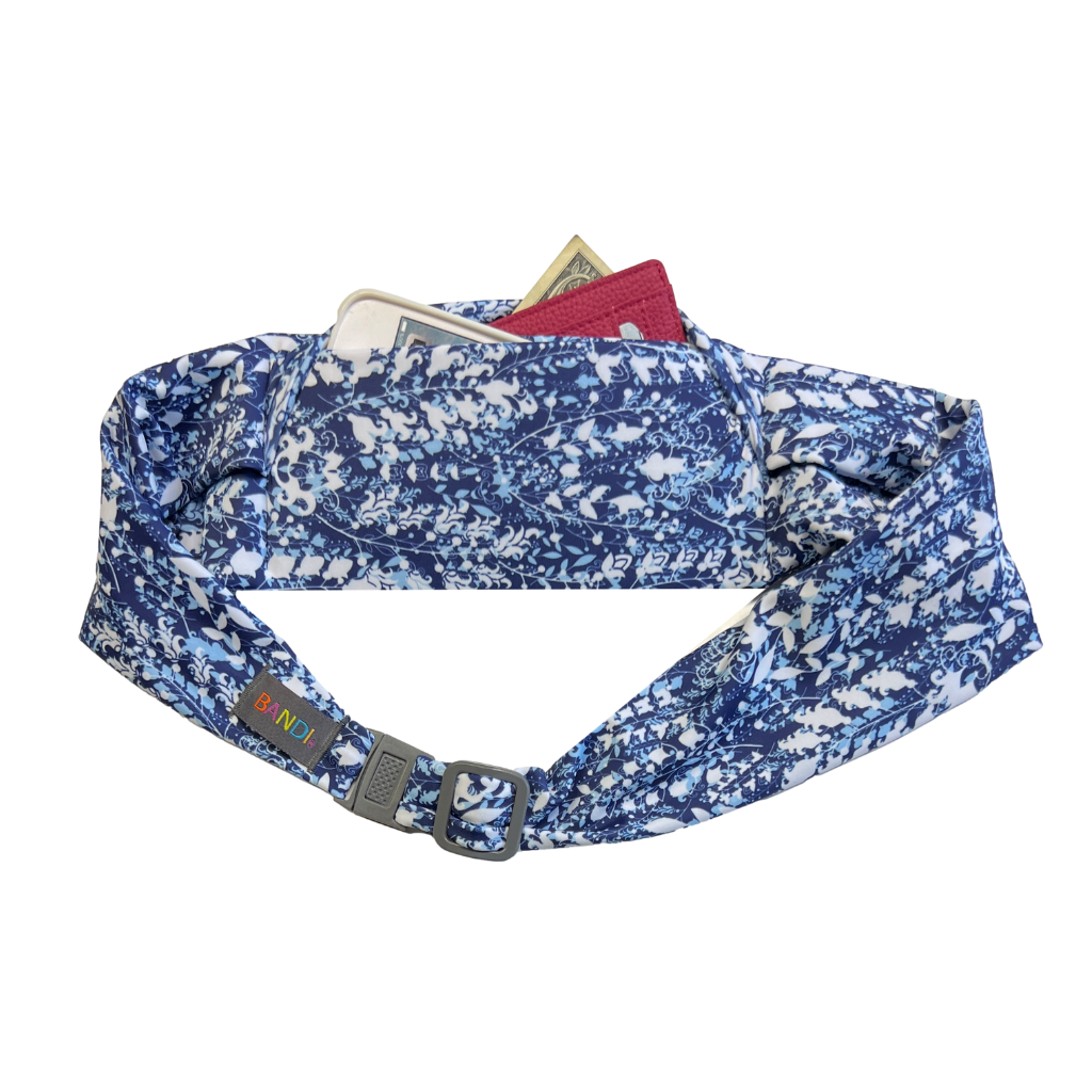 BANDI Blue Ivy Pocketed Belt. Product image on white background. Belt is shade of blue and white