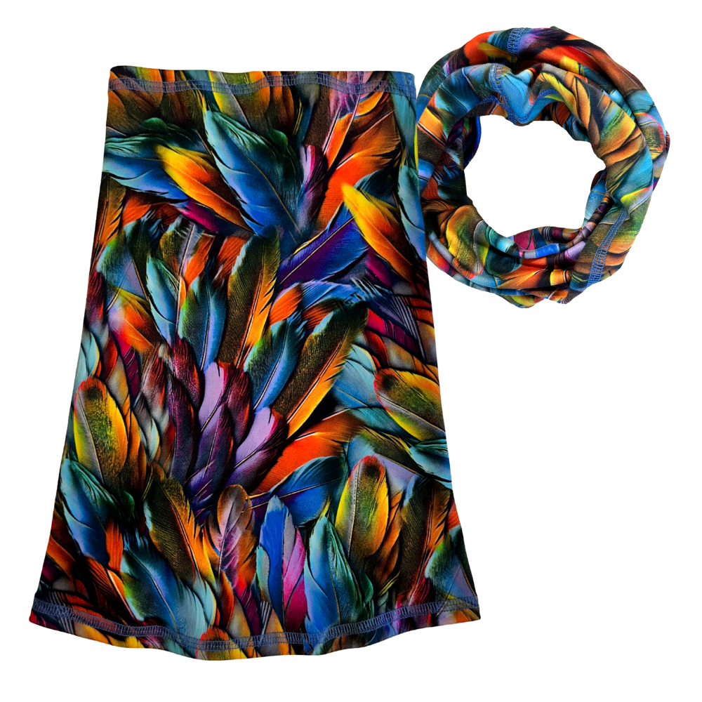Plumes cozy Wrap. multicolor shown flat and scrunched up in a tube shape.