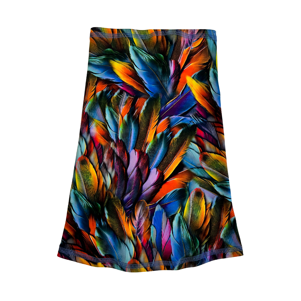 Plumes Cozy Wrap multicolor jewel tones and feather pattern shown flat.