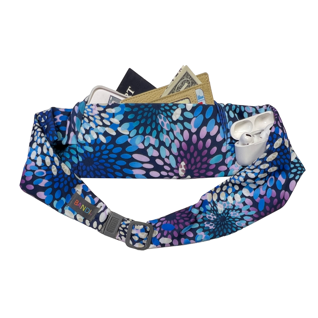 BANDI Pocketed Belt showing items in pocket and in Kiku print of blues and purples in a floral print.