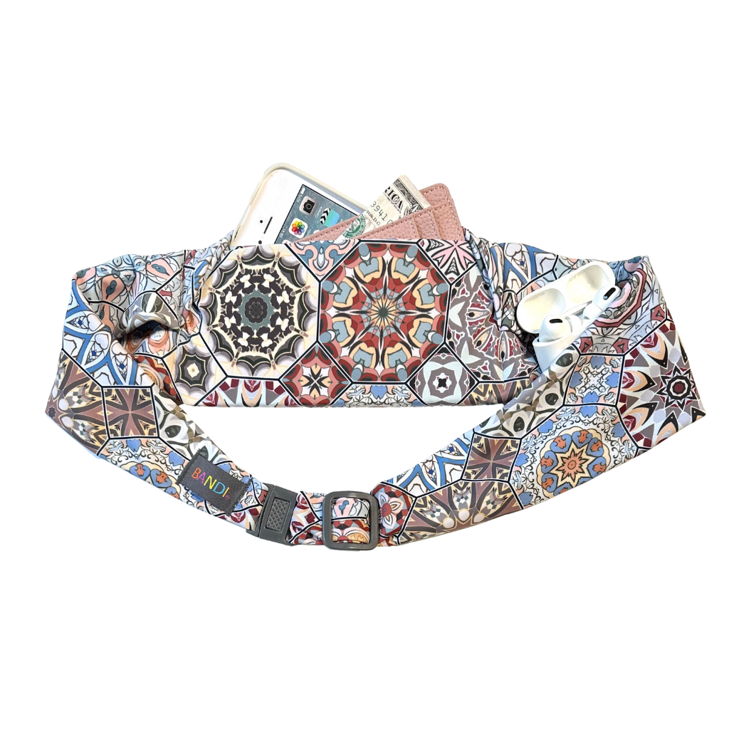 BANDI Wear Harmony Pocketed Belt with geometric pattern in color tones of browns, blues ivory and grey