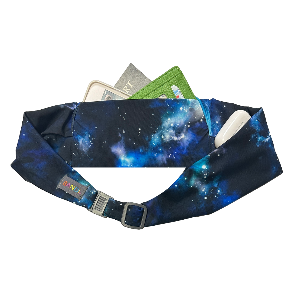 BANDI Pocketed Belt in Galaxy print. Dark blue with celestial motif.