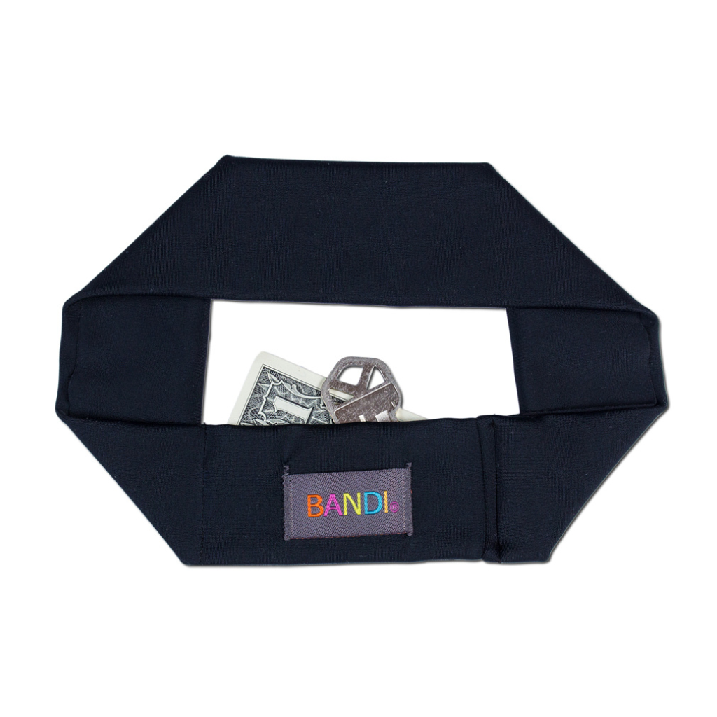 Black Pocketed headband showing small pocket and items in pocket