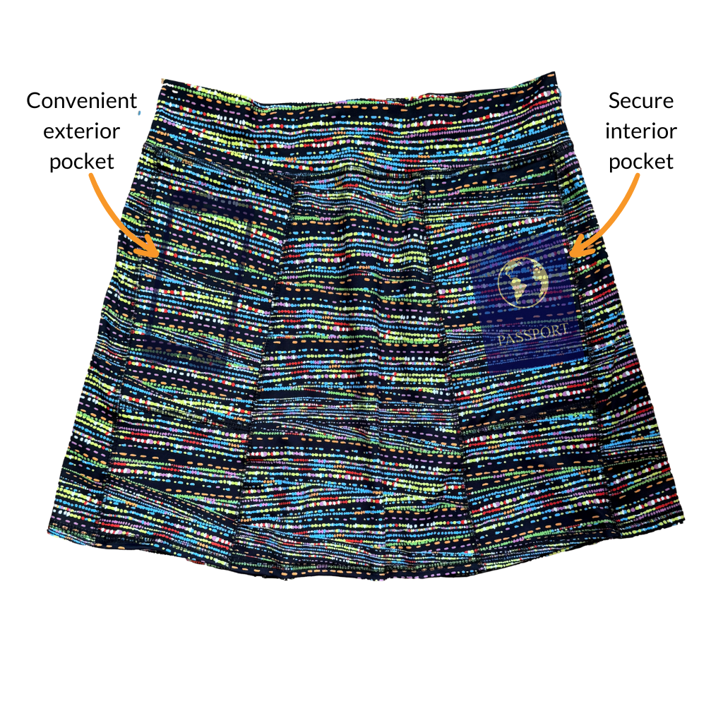 Multicolored skirt with black background.  Shows there are 2 pockets one exterior pocket for convenience and one interior pocket for security.