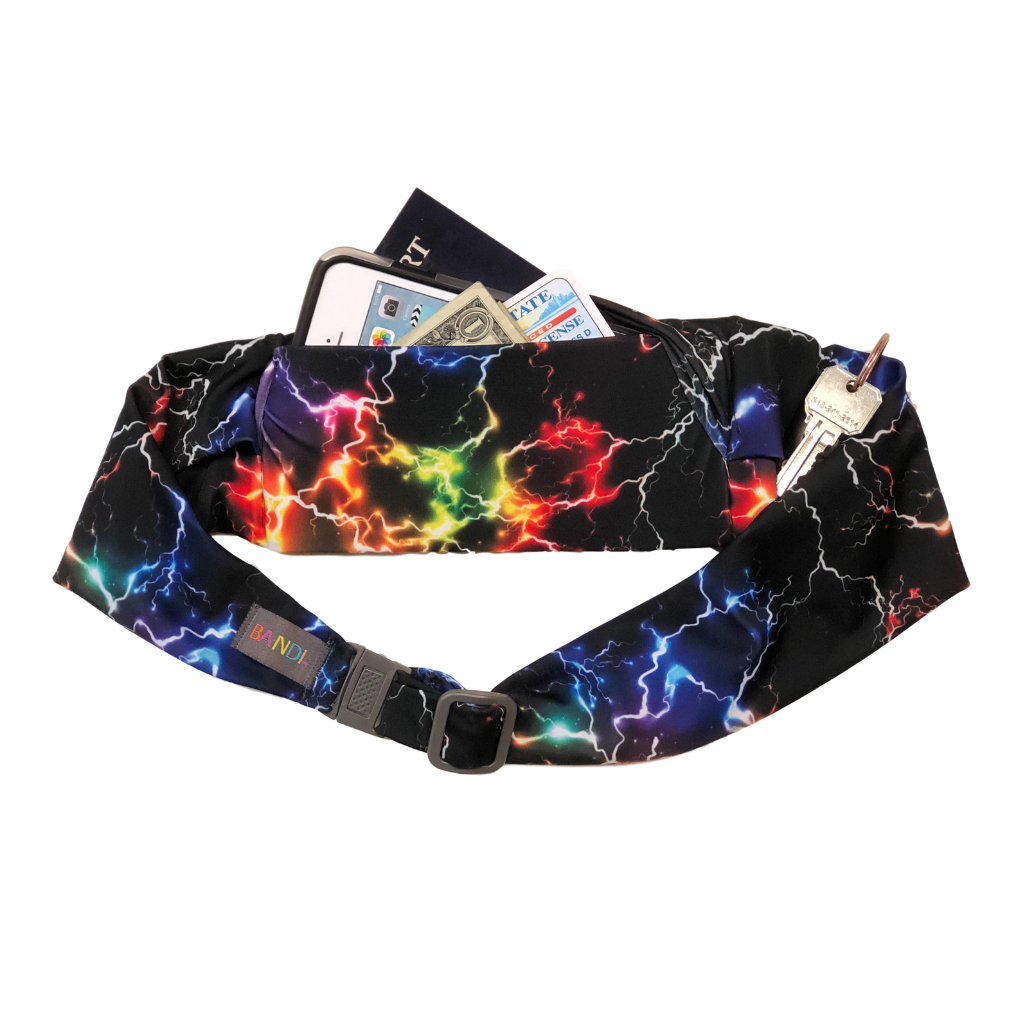 Cosmic print pocketed belt by BANDI Wear. Dark background print with colorful lightening type print.