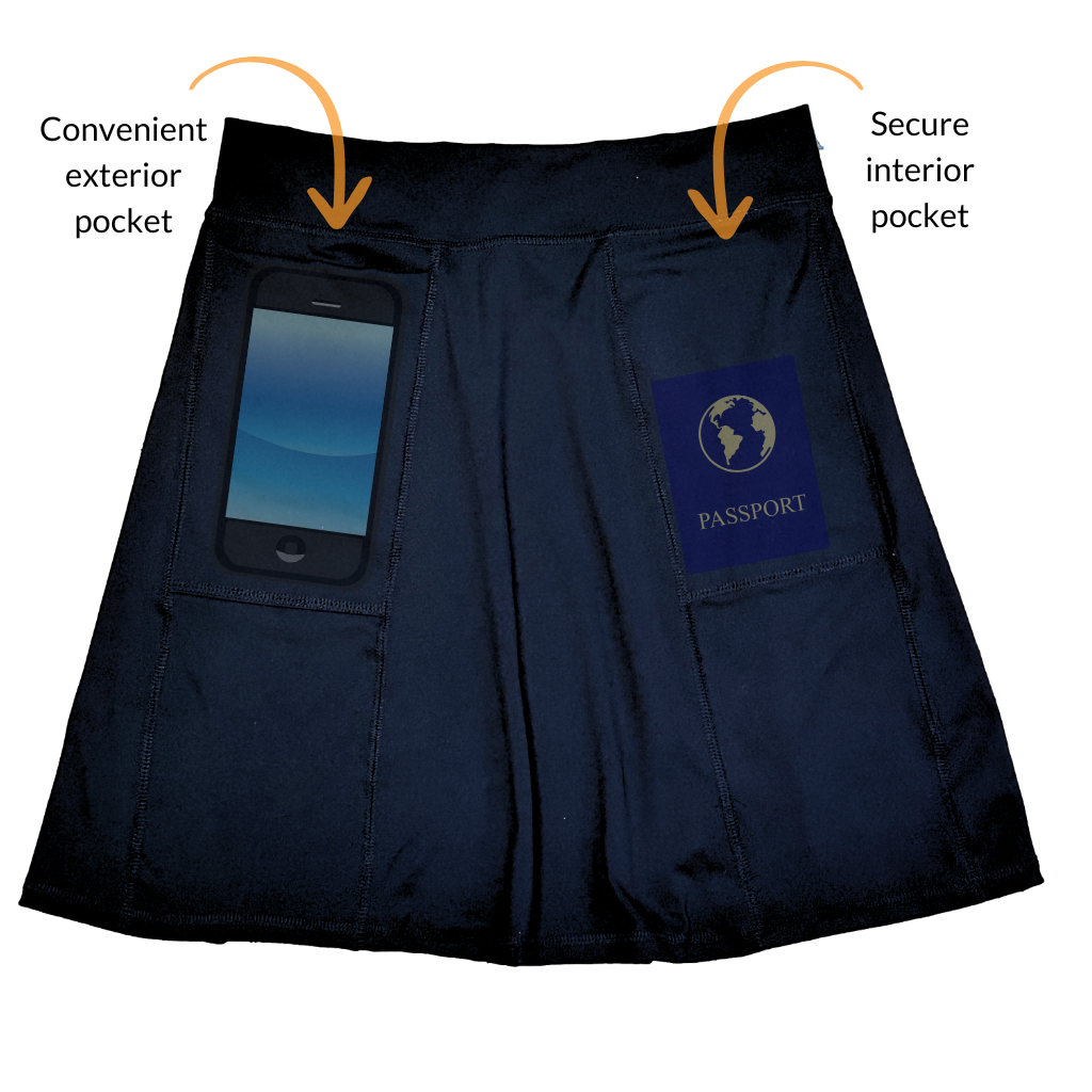 Black Pocket skirt with a phone in an exterior pocket and &