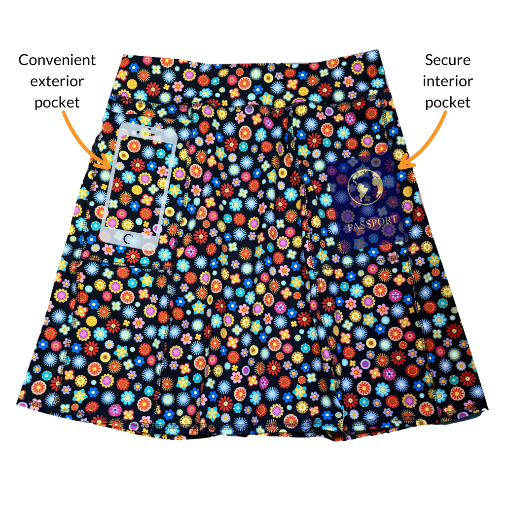 Colorful floral-patterned shorts with labeled pockets on a white background