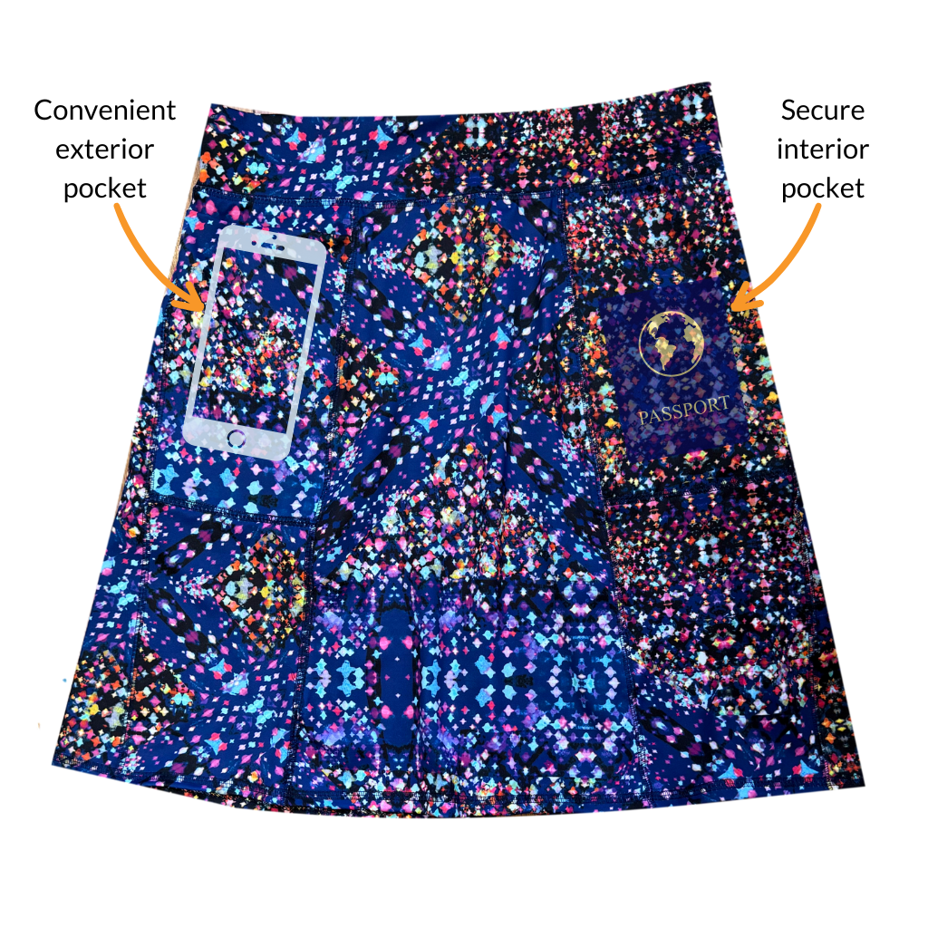 Multicolored patterned skirt with labeled pockets on a white background