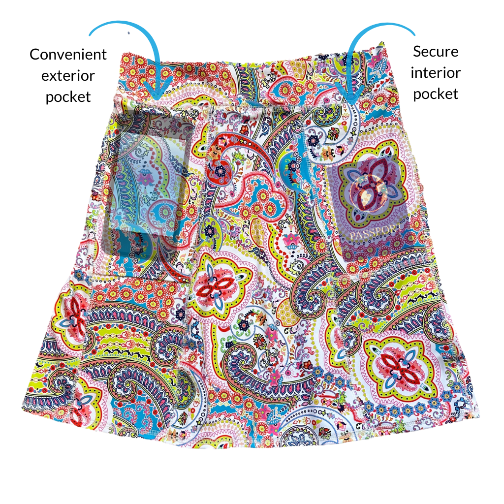 Colorful Paisley pattern Freestyle length Pocketed Skirt showing items inside the pocket