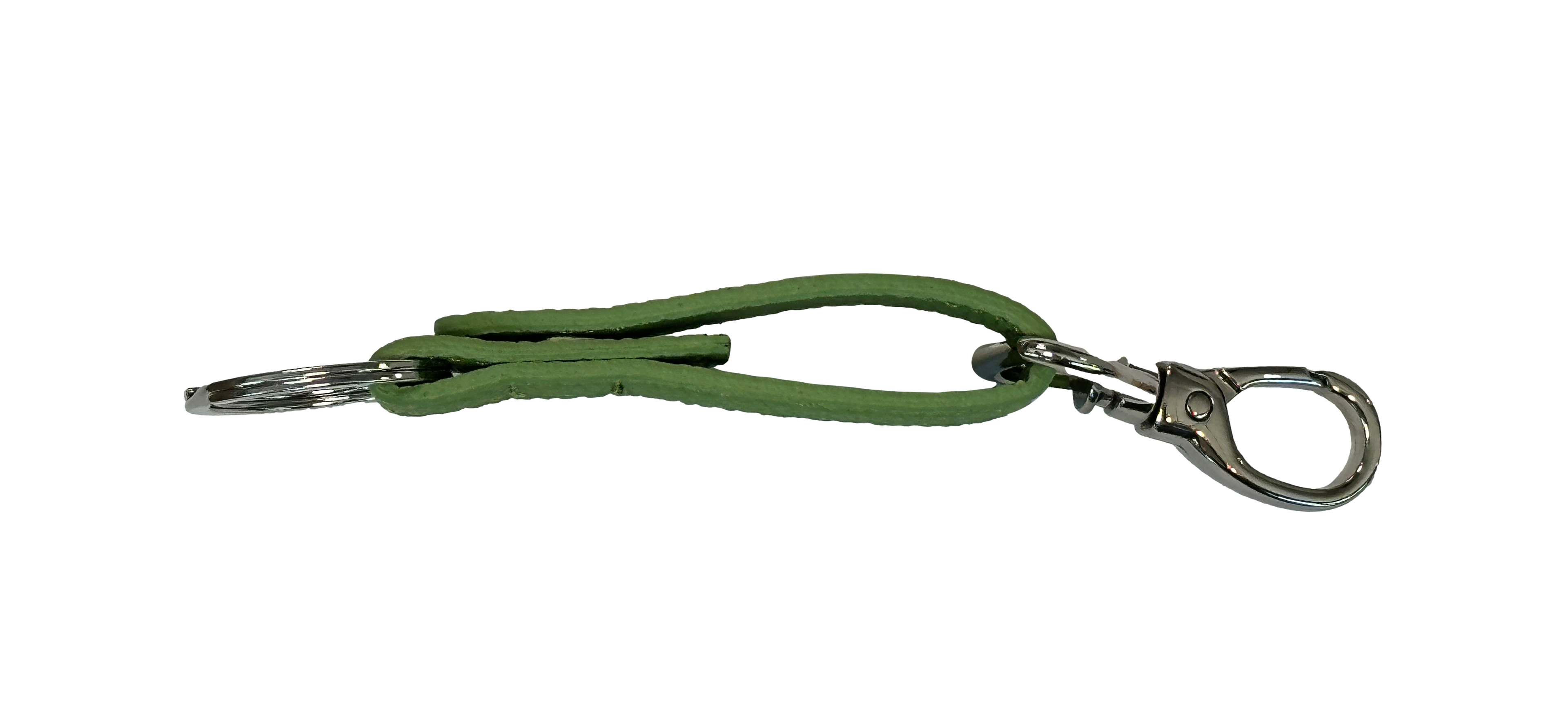 side view of key strap showing sleek faux leather, ring and clip