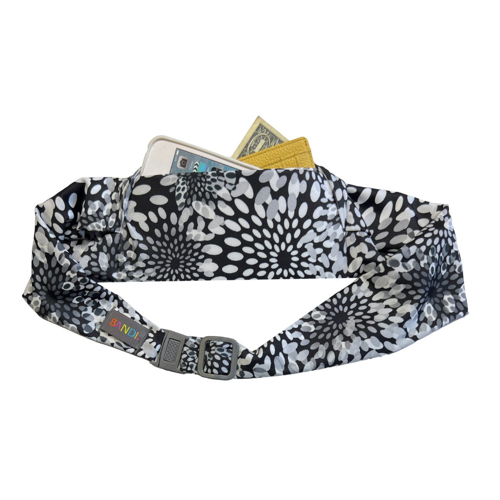 Moonflower pocketed belt by BANDI Wear. Product shot on white background. Belt colors are shades of grey and white on a black background.