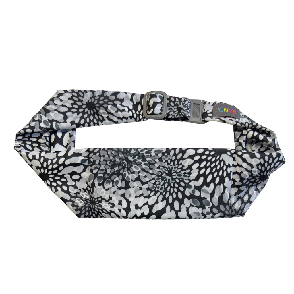 Front view of BANDI Pocketed Belt in Moonflower pattern of black and white floral print.