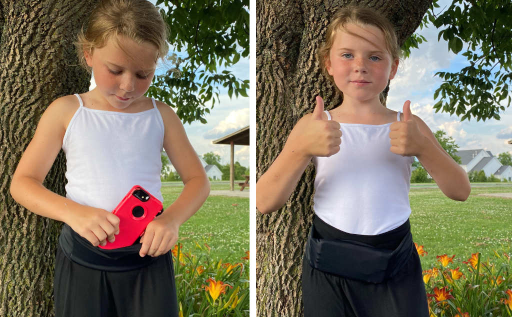 Girl demonstrating putting phone in BANDI black belt