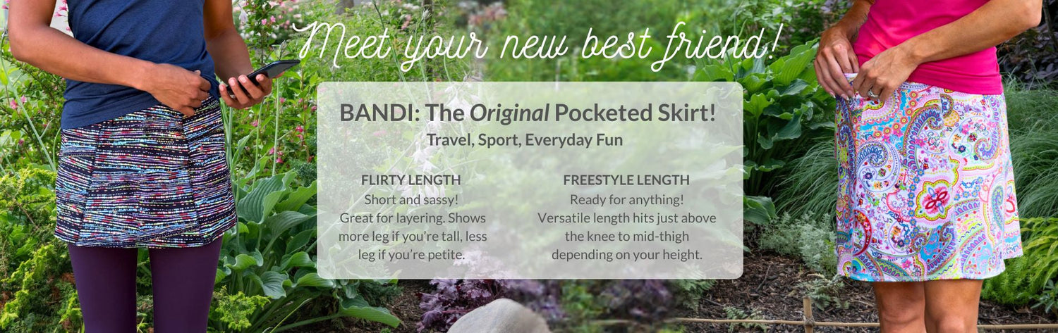 Banner image with text about skirt length and 2 women wearing the skirts