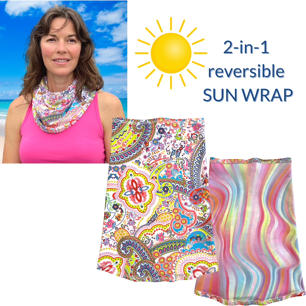 Graphic showing BANDI Sun Wrap with both available sides and a woman with pink top wearing the sun wrap around her neck for sun protection