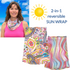 Graphic showing BANDI Sun Wrap with both available sides and a woman with pink top wearing the sun wrap around her neck for sun protection