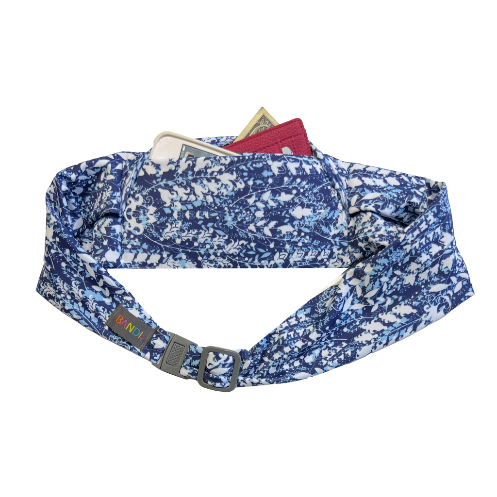 BANDI Blue Ivy Pocketed Belt.  Product image on white background.  Belt is shade of blue and white