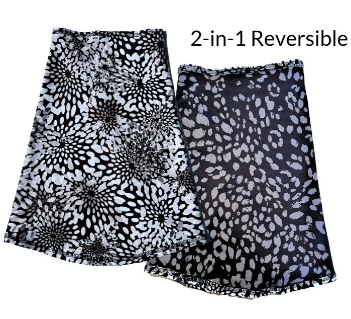 neck gaiter called Sun Wrap by BANDI Wear in a single layer 2 print reversible black, grey and white on one side black and grey on other