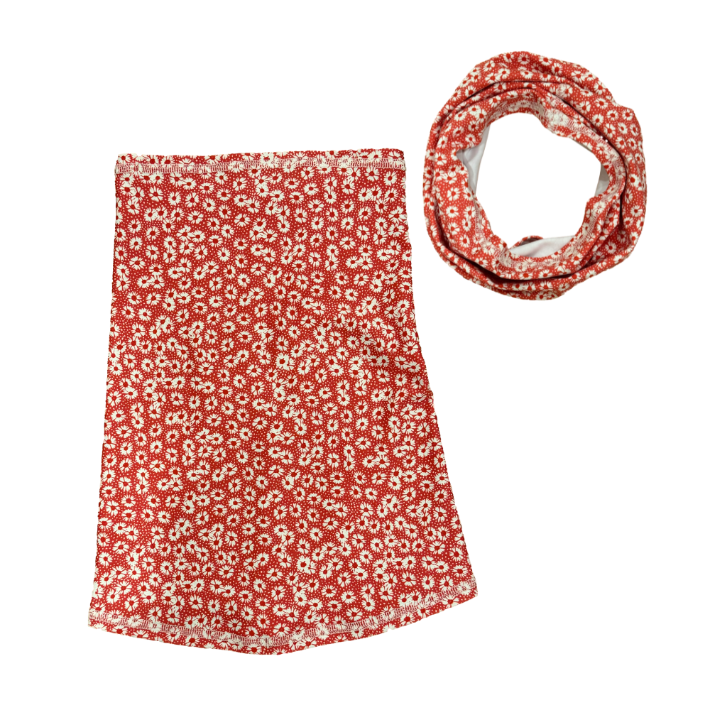 Orangey red floral patterned neck gaiter on a white background