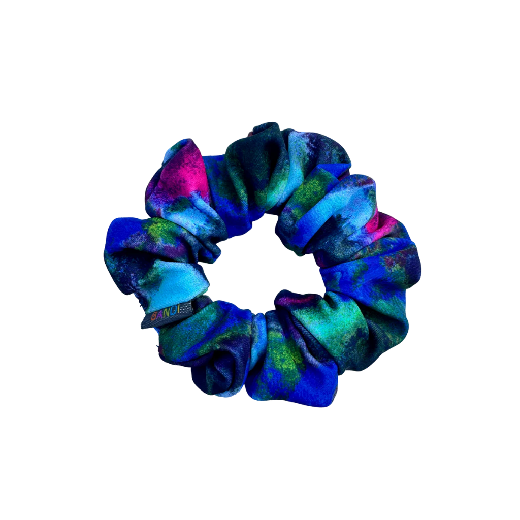 Hair scrunchie in jewel tones of blue green and fuchsia