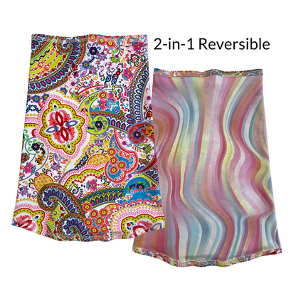  Reversible UV protecting neck wrap with colorful patterns on a white background