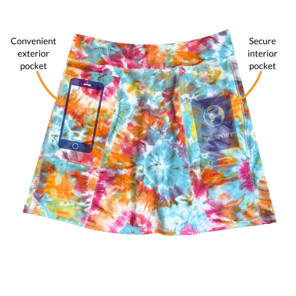 Tie-dye skirt with labeled exterior and interior pockets on a white background