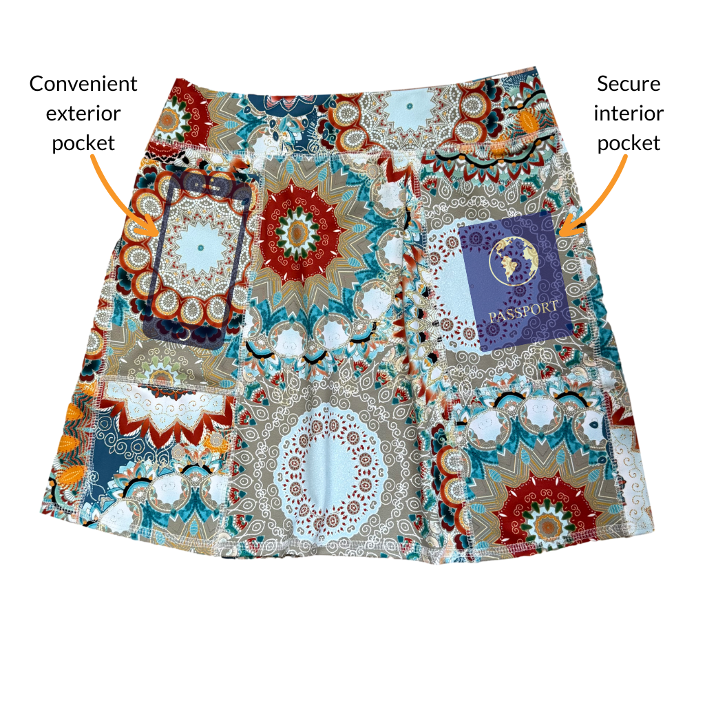BANDI Patterned skirt with labeled exterior and interior pockets on a white background