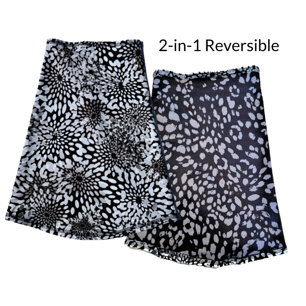 Reversible patterned black and grey sun wraps on a white background with text &