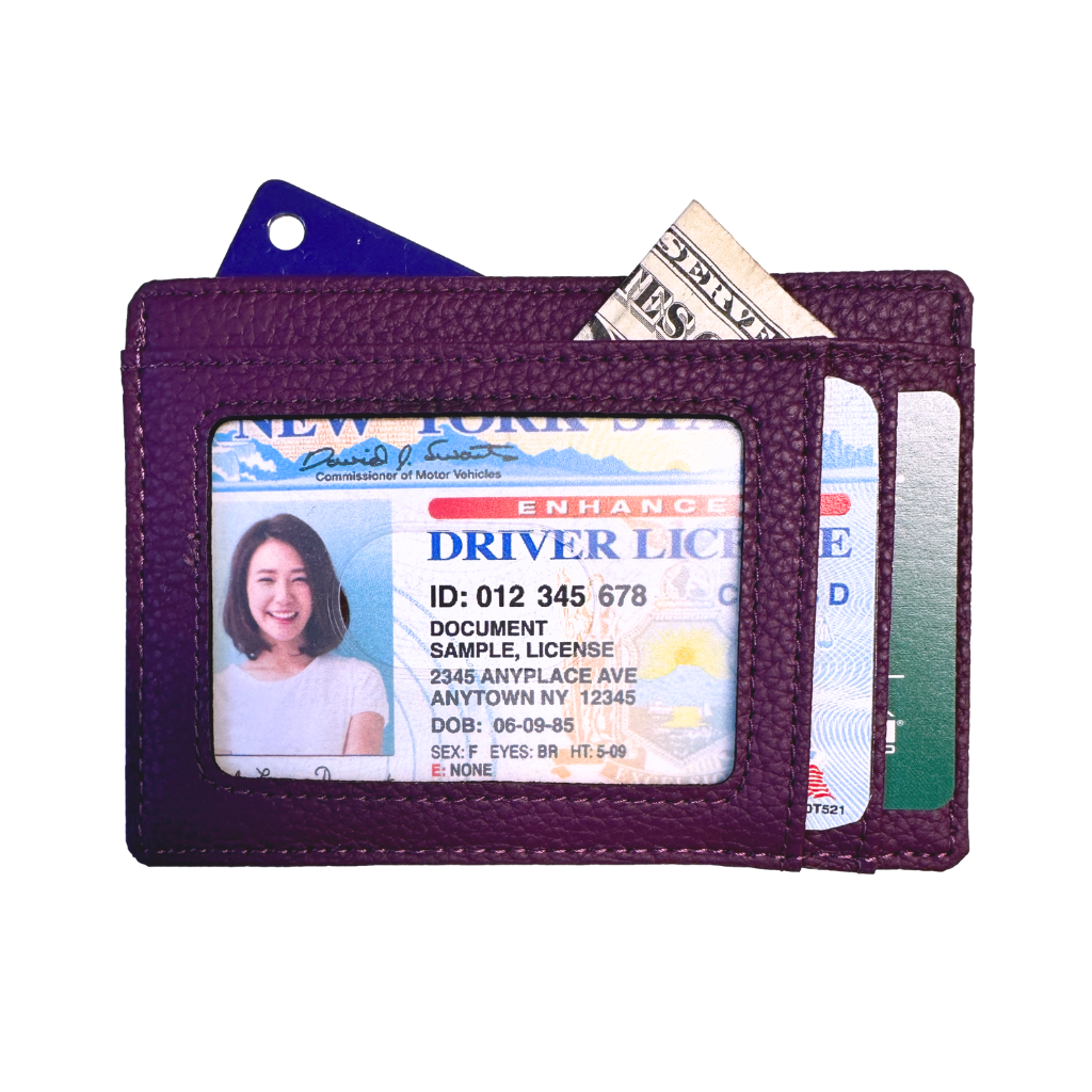 slim RFID blocking wallet in plum color front view showing ID window