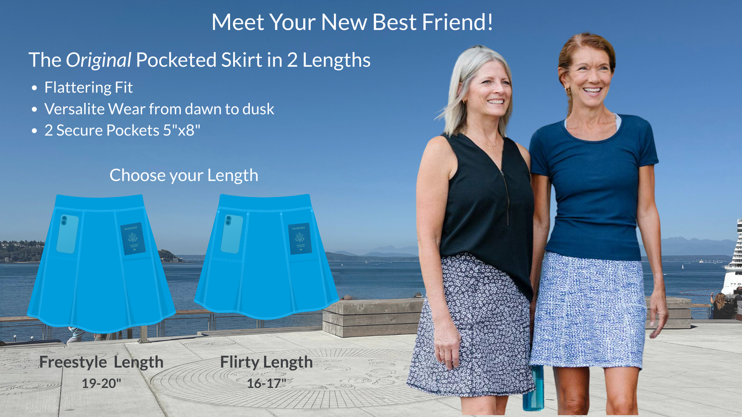 Two women wearing skirts with a scenic background, promoting a pocketed skirt product.